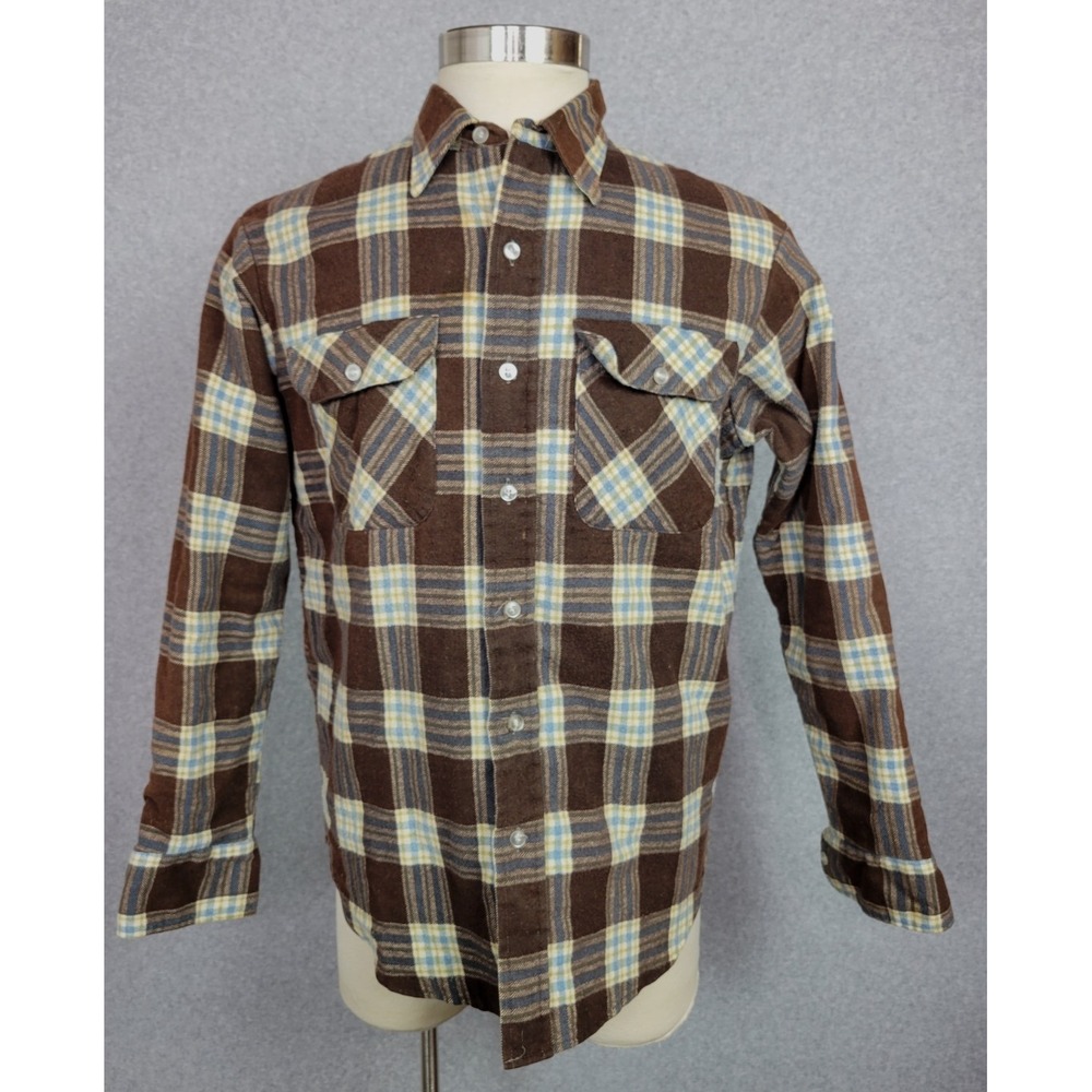 Vintage JC Penney Mens Brown Blue Plaid Flannel Lined‎ Shirt Jacket L